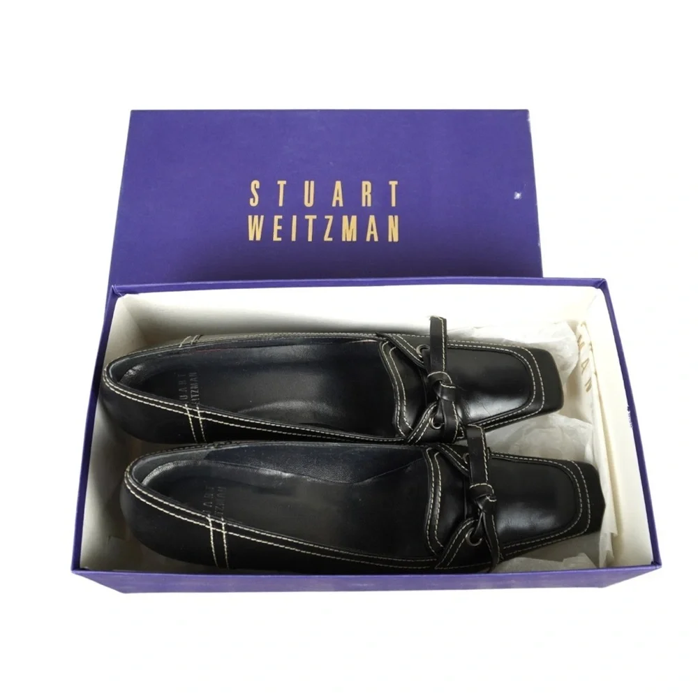 Stuart Weitzman Vtg Black Leather Square Toe Heels Size 9N Bow Tie Butler